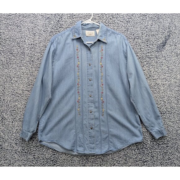 VTG Northern Reflections Chambray Button Up Shirt Womens XS Embroidered Floral - Picture 1 of 15